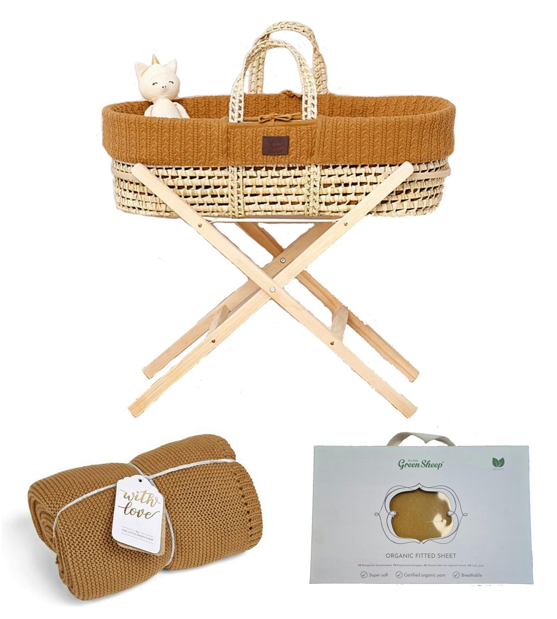 The Little Green Sheep Natural Knitted Moses Basket, Mattress & Stand - Honey
